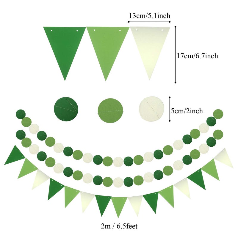 ZERODECO Party Decoration, 21 Pcs Green Hanging Paper Fans, Pom Poms Flowers, Garlands String Polka Dot and Triangle Bunting Flags for Golf Party Dinosaur Birthday Parties Arbor Day - Image 5